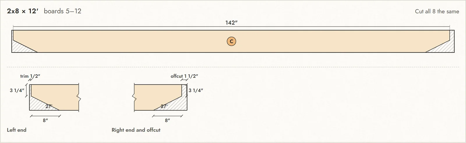Cut-list drawing of a rafter with angled ends